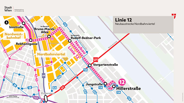 Karte der derzeit geplanten Linienführung für die neue Straßenbahn-Linie 12